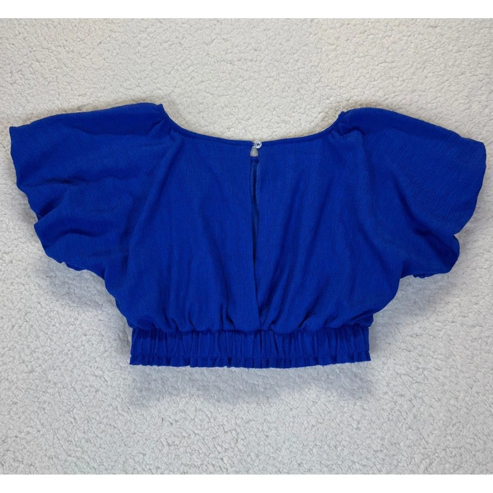 Free People Tovah Royal Blue‎ Crop Top S Smocked Hem Flutter Sleeve Crepe Blouse